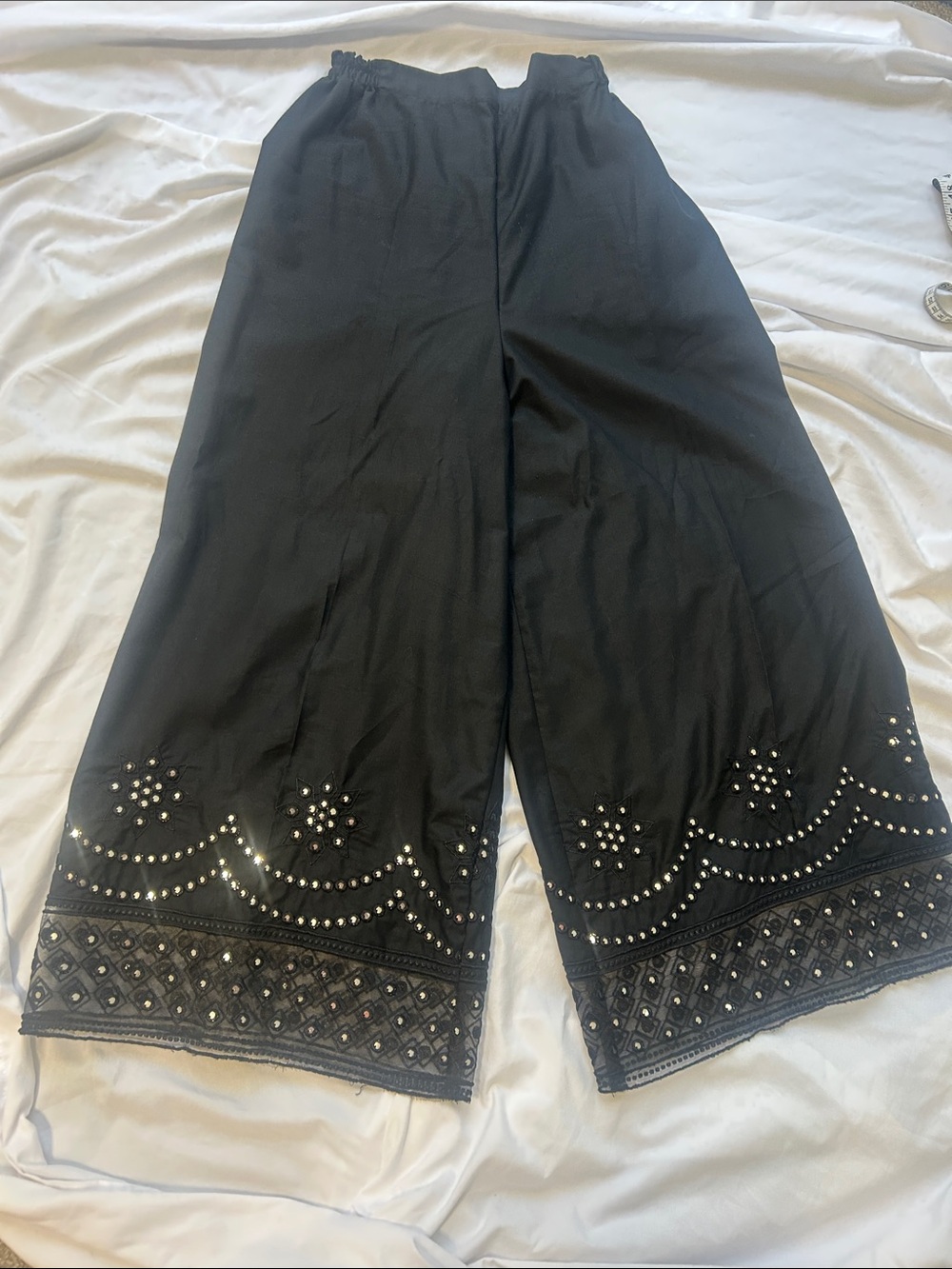 Black trousers culottes cotton pants with foil mirror and embrodery. size S
